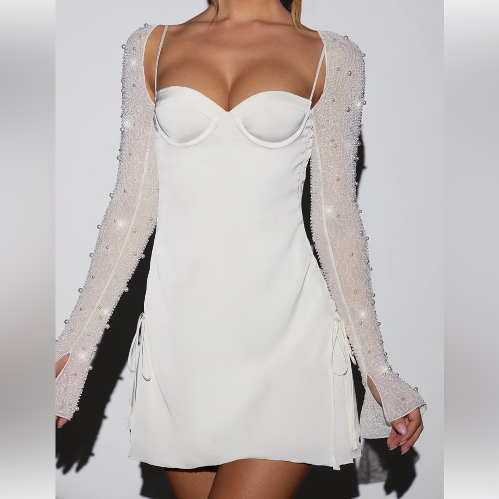 Oh Polly GENEVA Long Sleeve Embellished A-line Mini Dress in White